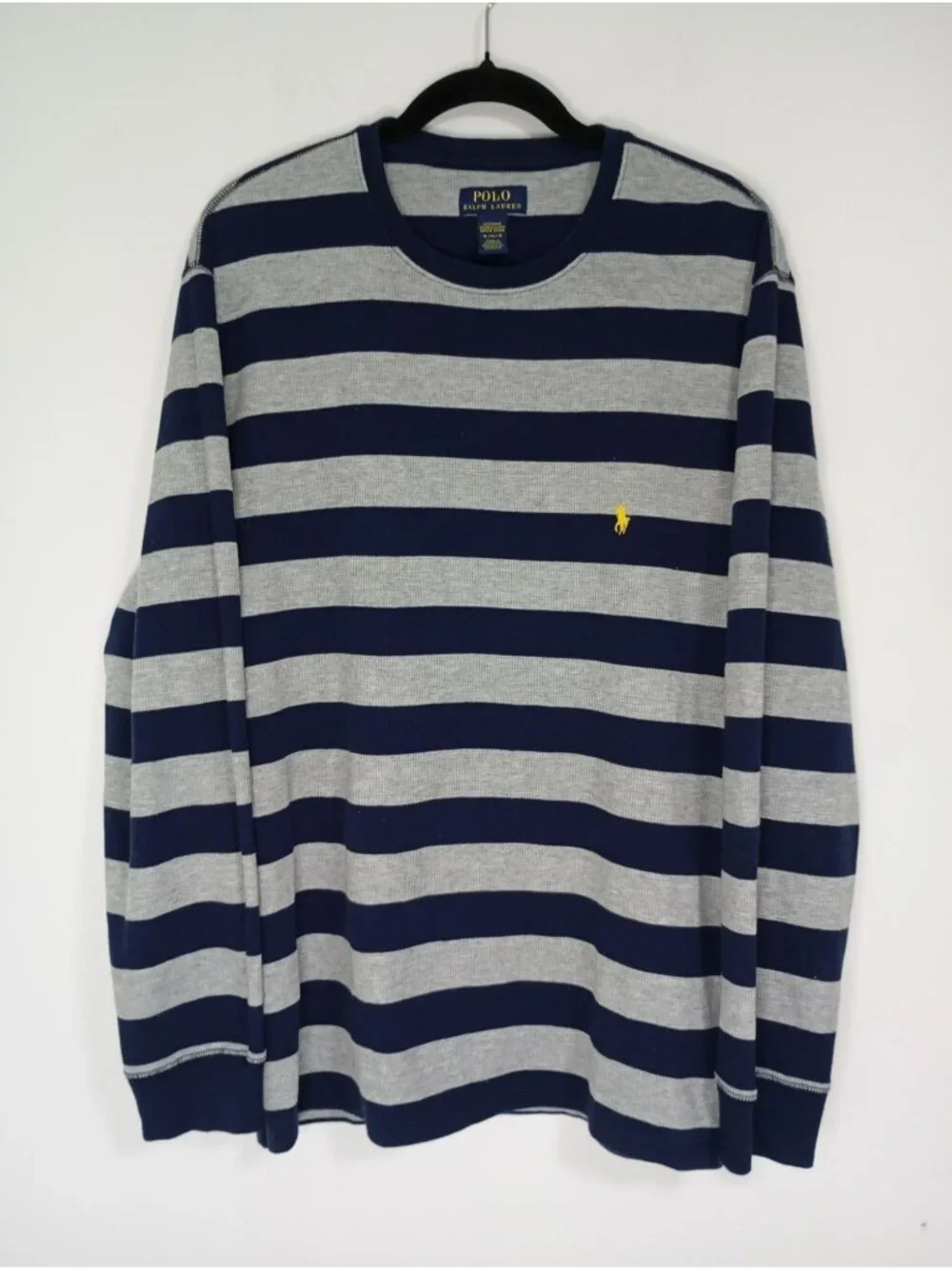 Polo Ralph Lauren Men XL Navy Gray Striped Waffle Knit Long Sleeve Sleepwear Top